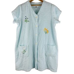 Claire Murray Blue Terry Cloth Embroidered Short Sleeve Button Front Robe 2X